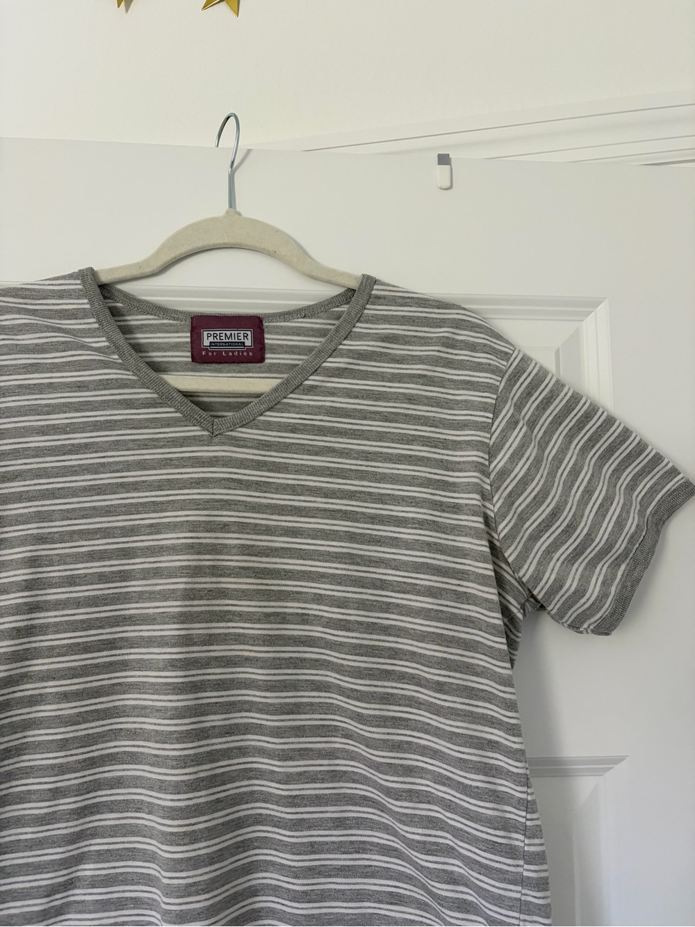 Premier Women’s Gray & White Striped V-Neck Tee